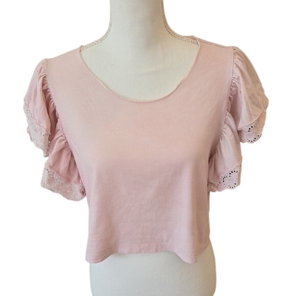 LoveShackFancy Tops - Love Shack Fancy Top XS Blush Pink Eyelet Short Sleeve Scoop Neck Soft Girl Boho